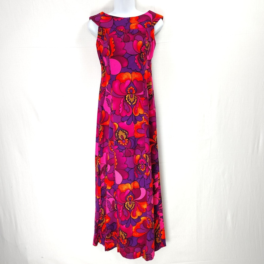 Hale Aloha Vintage Hawaiian Bark Cloth Day Glow Maxi Dress size XS-small